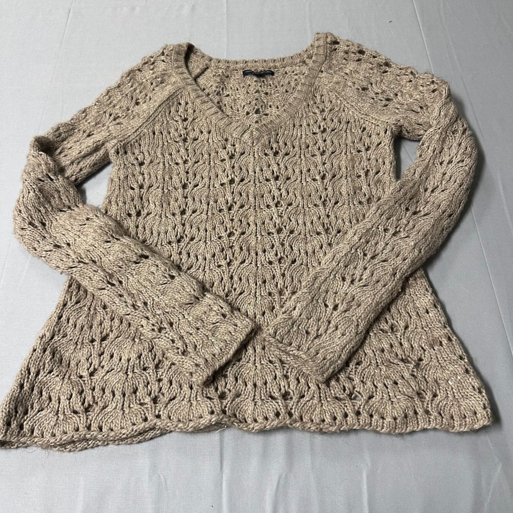 American Eagle Women Taupe Beige Open Knit V-Neck Wool Blend Sweater Small